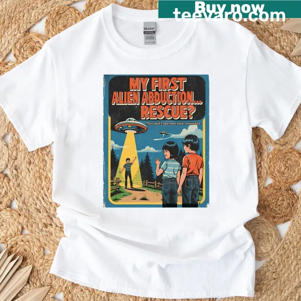 Funny UFO art t-shirt depicting an alien abduction rescue