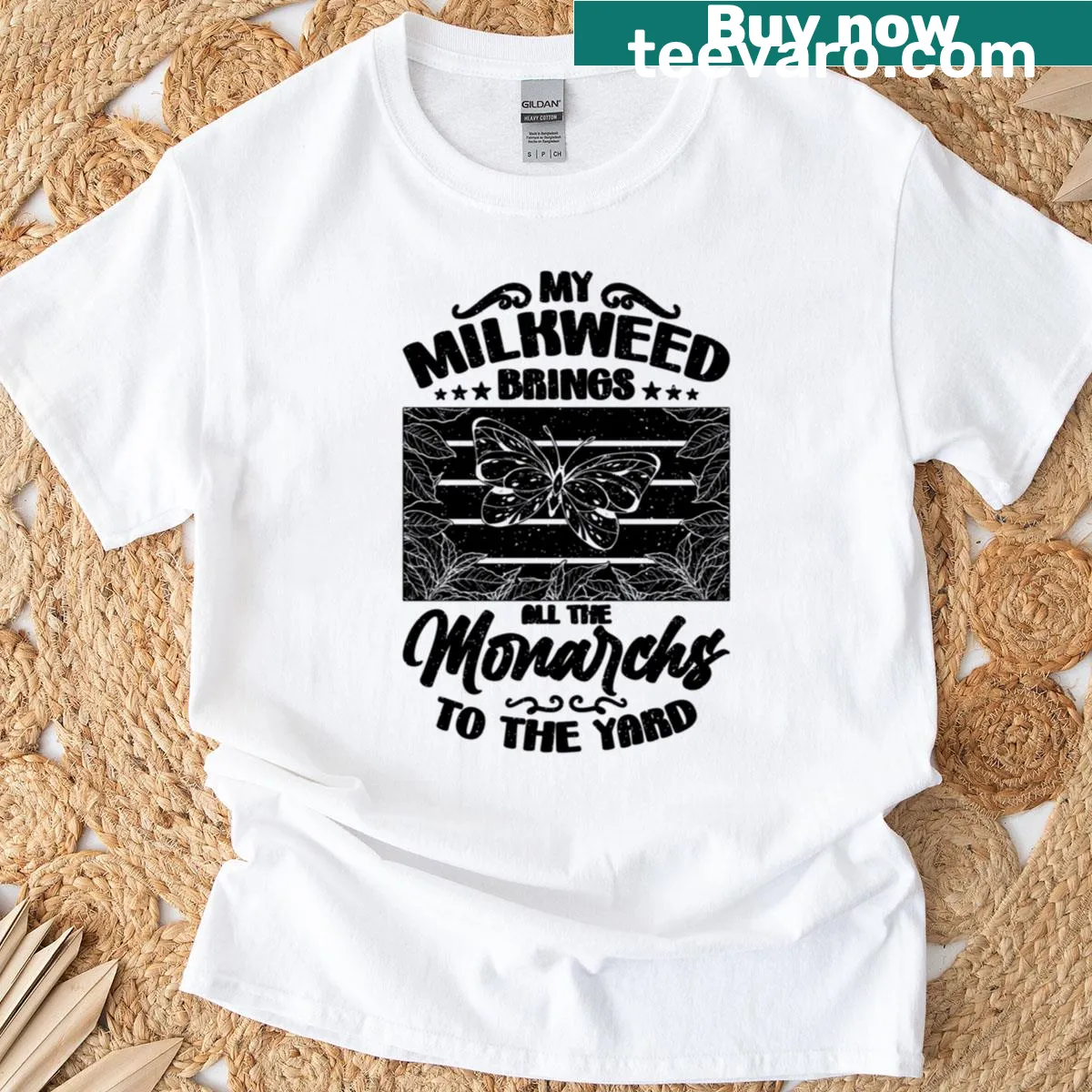 Oversized t-shirt with illustration and phrase My Milkweed Brings All The Monarchs. — on a men's t-shirt