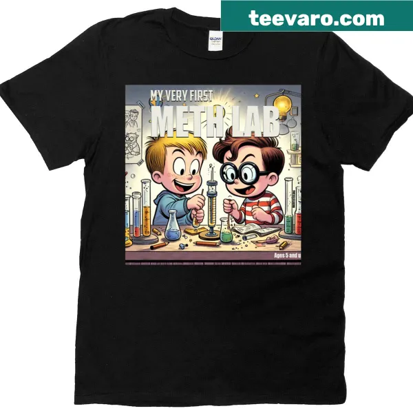 Retro parody chemistry tee with 'My Very First Meth Lab' text