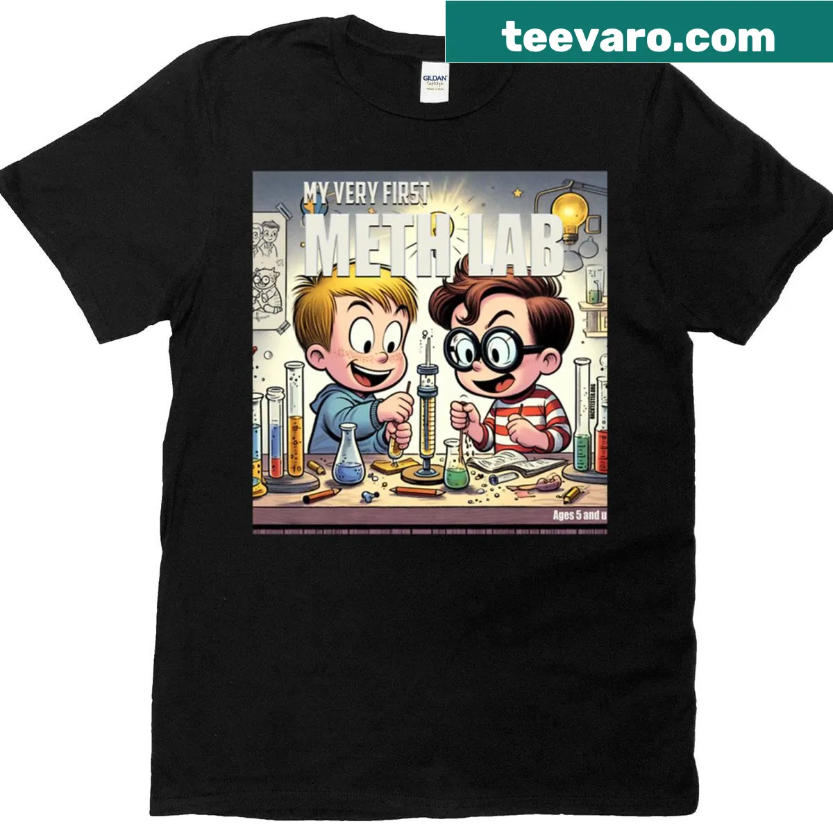 Retro parody chemistry tee with 'My Very First Meth Lab' text — on a men's t-shirt