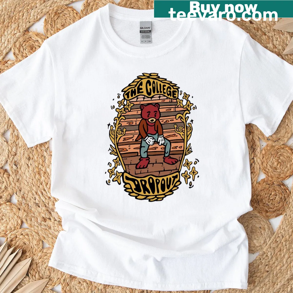 Illustrative t-shirt reflecting the theme of being a college dropout. — on a men's t-shirt