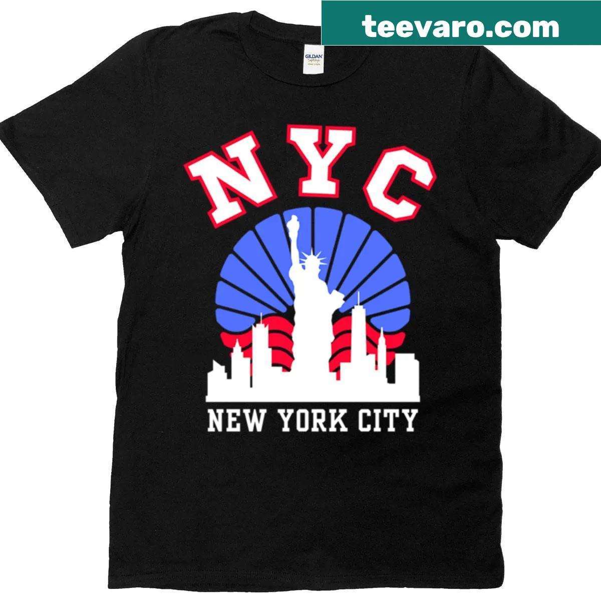 Illustrative T-shirt featuring New York City icons — on a men's t-shirt