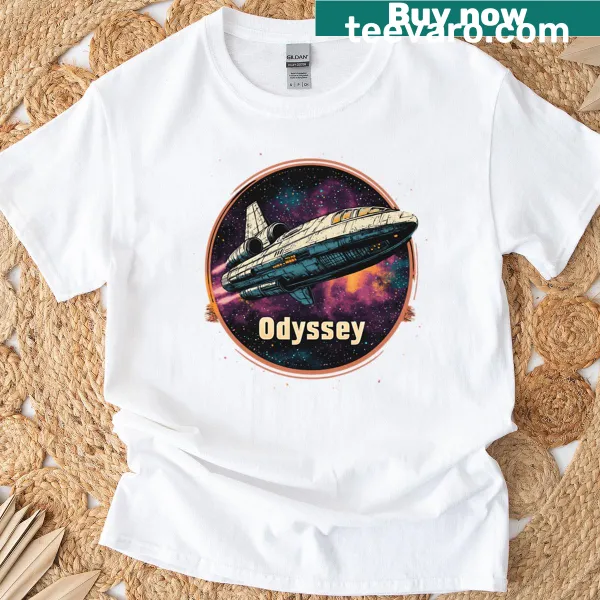 Illustration of a space shuttle in the cosmos on a t-shirt.