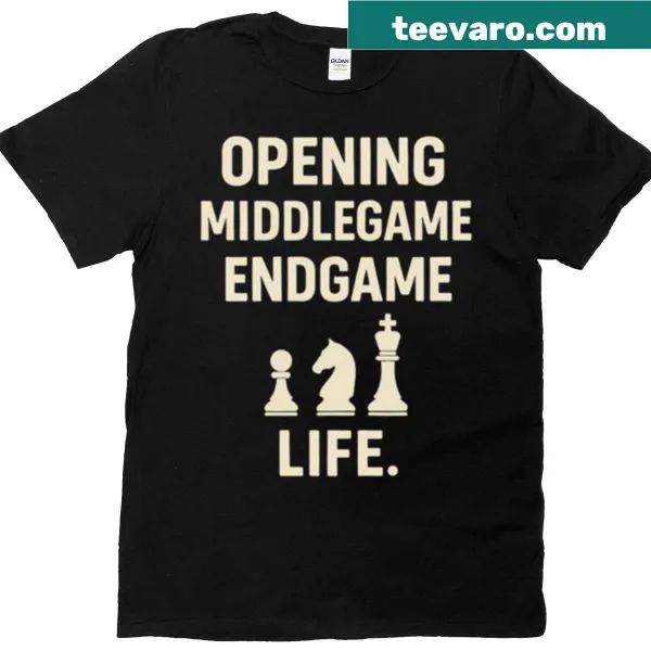 Illustration of chess pieces with philosophical text on a T-shirt