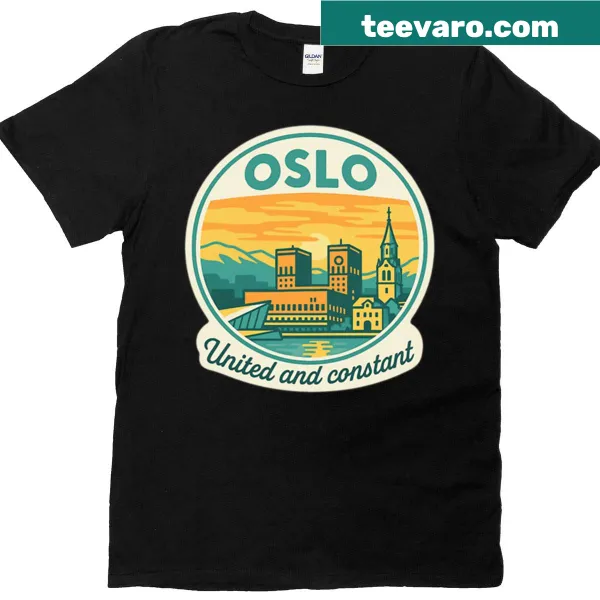 Vintage-style t-shirt with Oslo skyline and stylized text