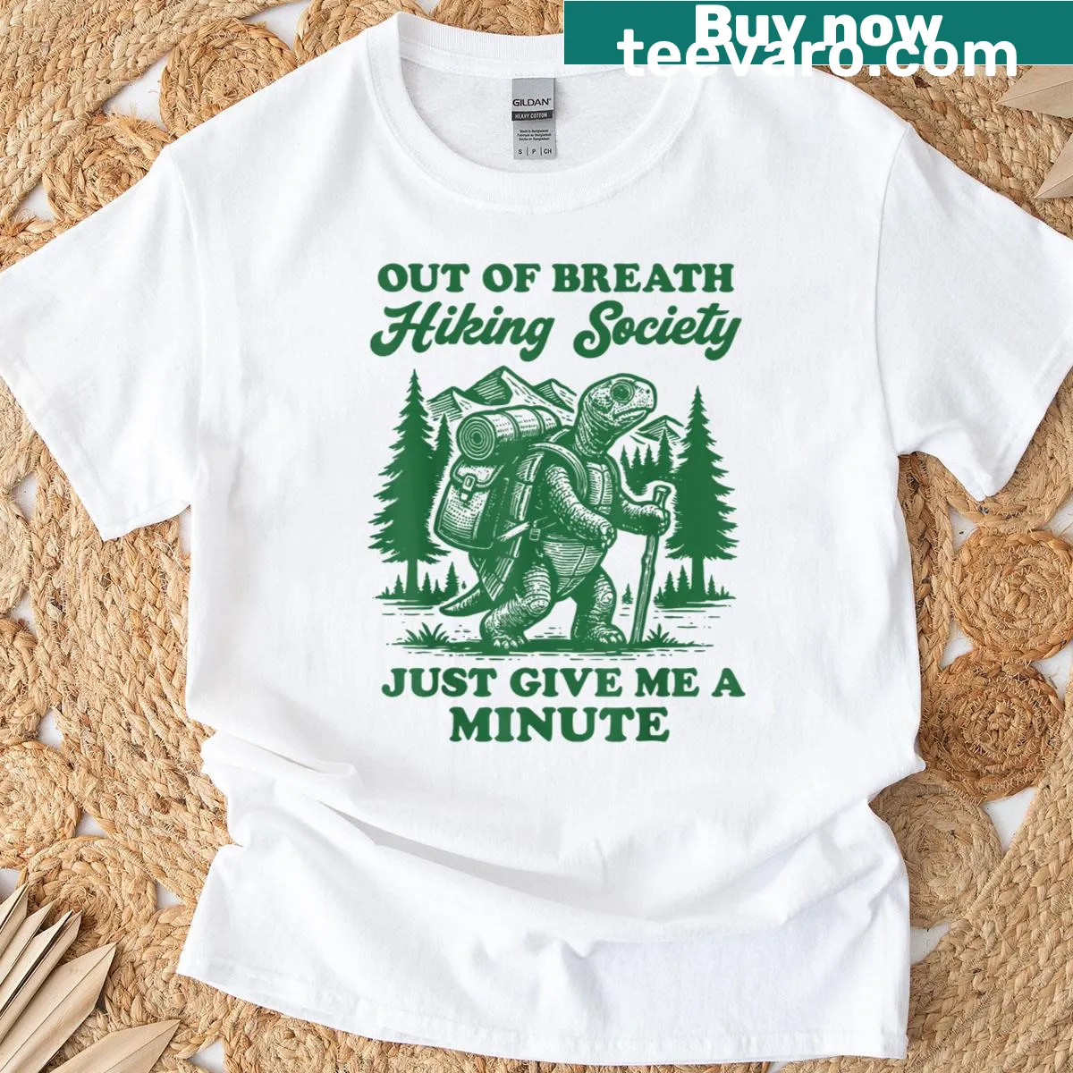 Whimsical turtle illustration on hiking society T-shirt — on a men's t-shirt