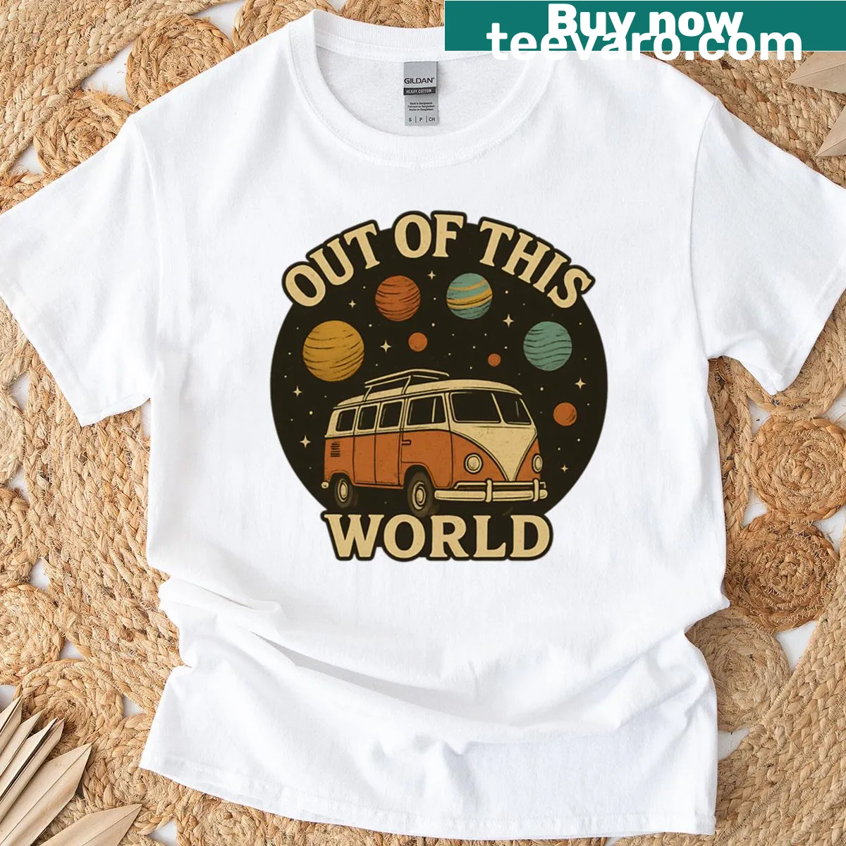 Retro T-shirt featuring a vintage van traveling through space. — on a men's t-shirt