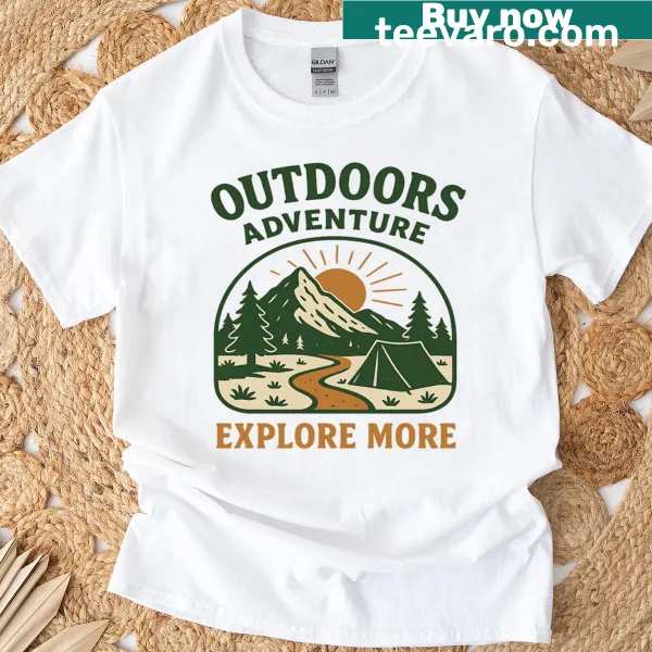 Vintage design T-shirt featuring camping and hiking graphics with 'Explore More' text