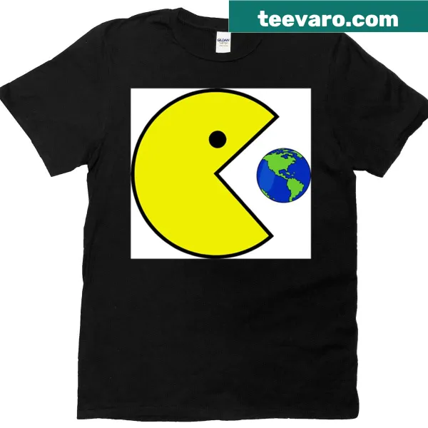 Cartoon t-shirt featuring Pacman eating the world
