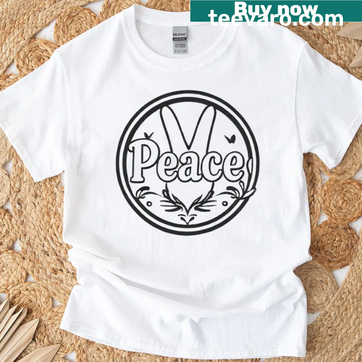 Minimalist line art peace hand sign on black t-shirt — on a men's t-shirt
