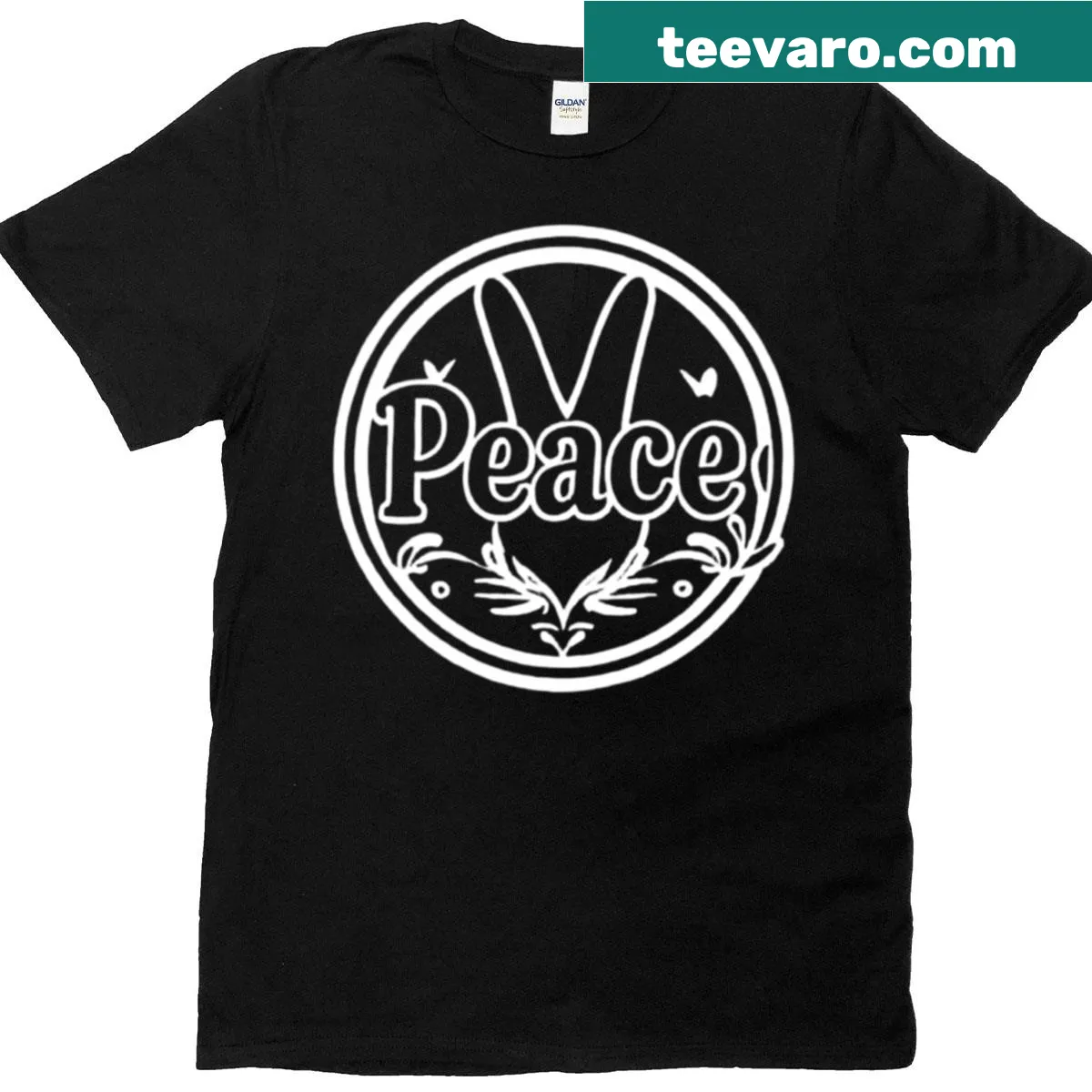 Minimalist line art of a peace hand sign on a T-shirt — on a men's t-shirt