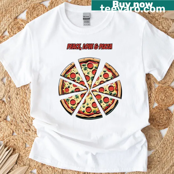 Retro design T-shirt with 'Peace Love Pizza' and a pizza slice