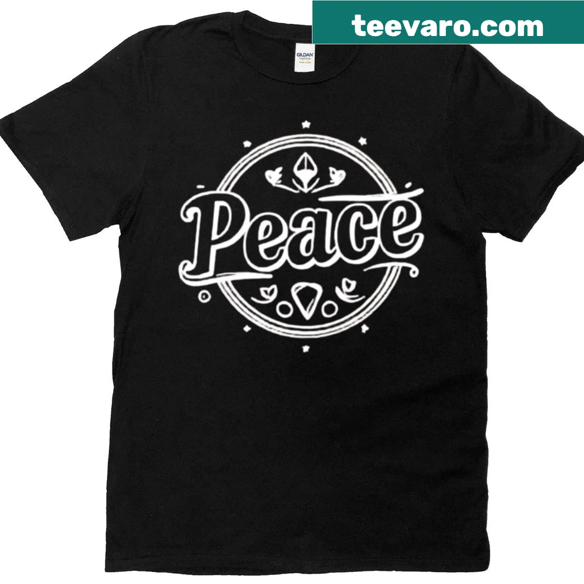 Vintage typography design with the word Peace and floral elements — on a men's t-shirt