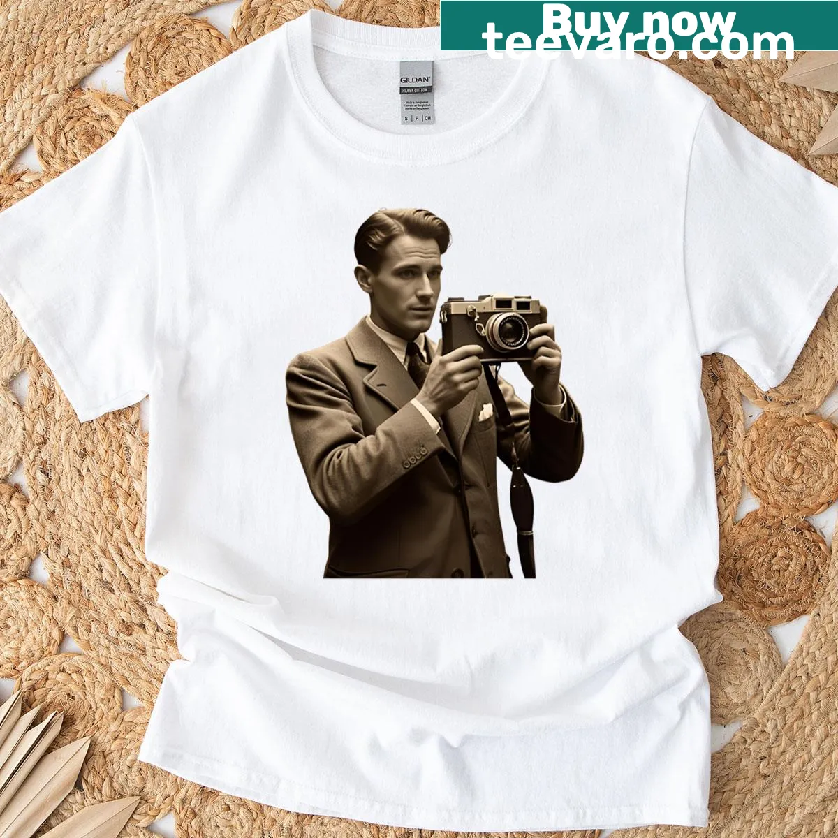 T-shirt with a photographer using a vintage camera design — on a men's t-shirt