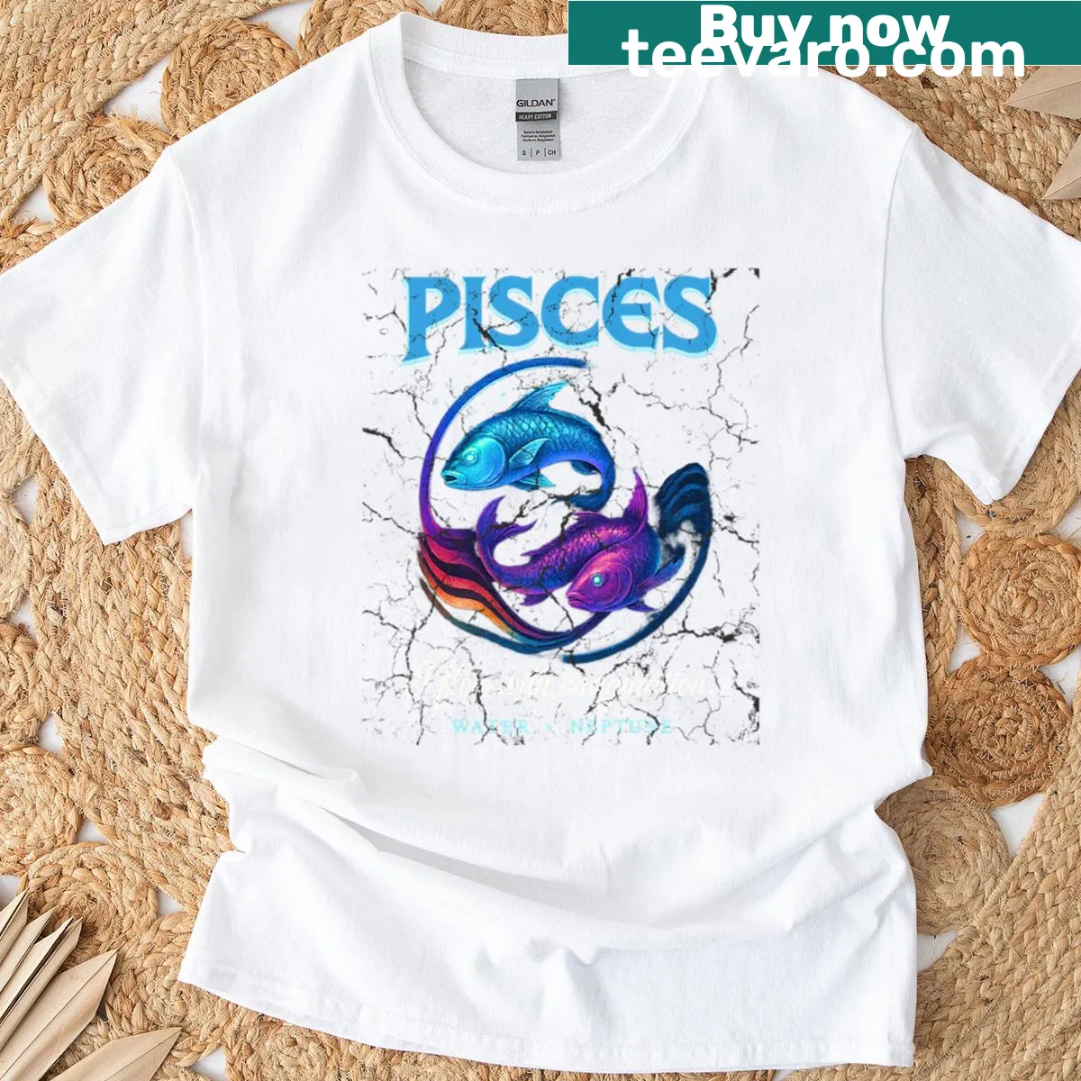 Illustration of Pisces zodiac and 80s rock band elements — on a men's t-shirt