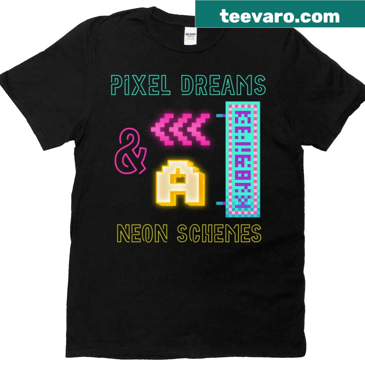 Retro gaming T-shirt featuring neon pixel art design — on a men's t-shirt