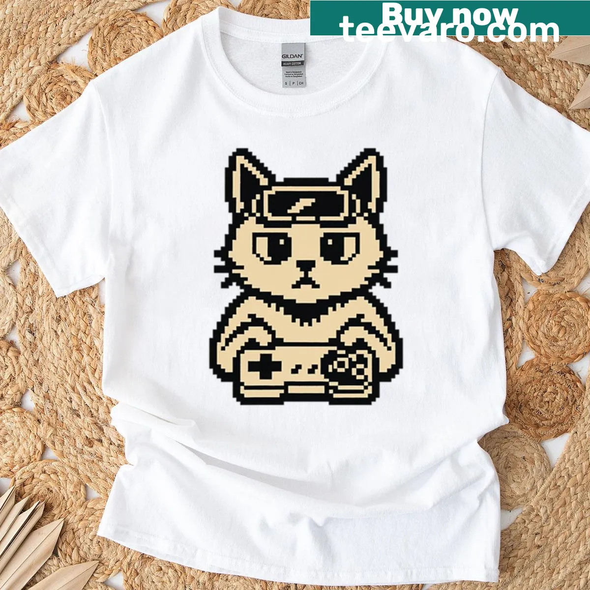 Retro video game T-shirt featuring a pixel art cat — on a men's t-shirt