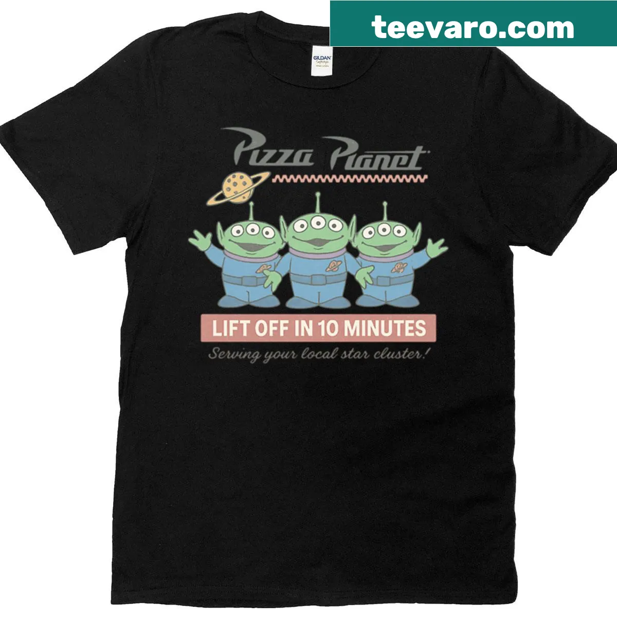 Oversized T-shirt featuring Pizza Planet alien crew from a classic cartoon — on a men's t-shirt