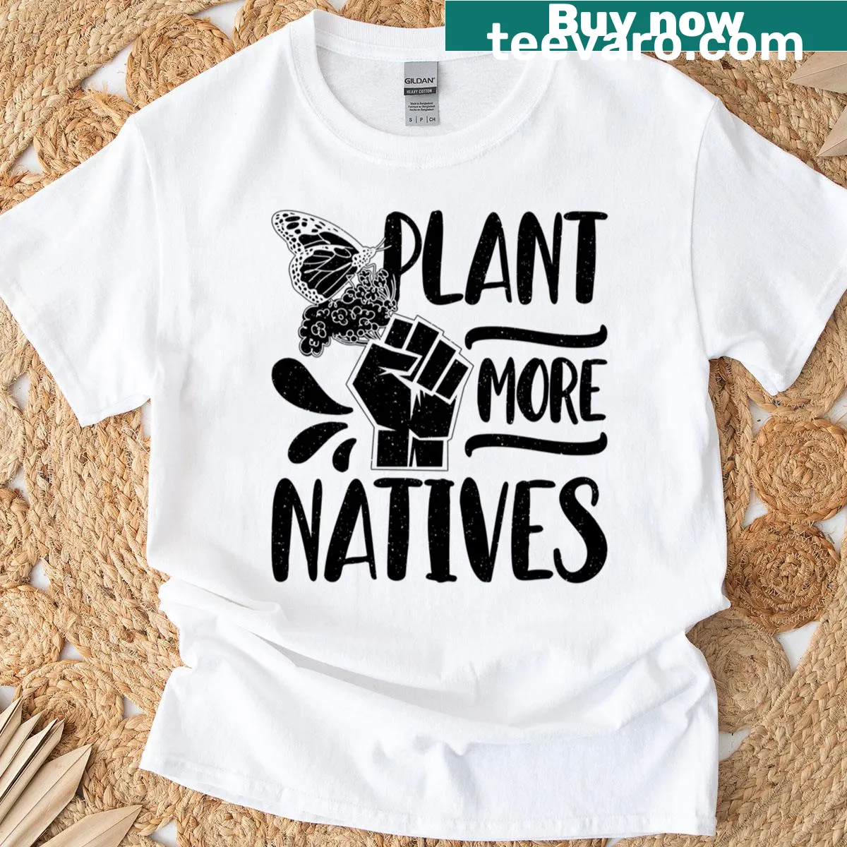 Text design promoting native plants on Plant More Natives t-shirt — on a men's t-shirt