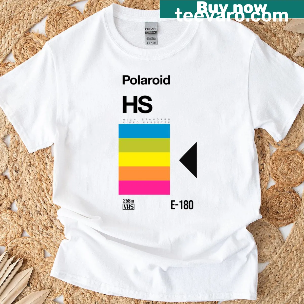 Vintage VHS cover-inspired t-shirt with Polaroid graphic — on a men's t-shirt