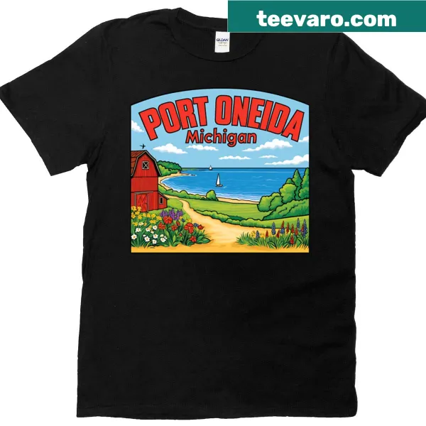 Vintage travel decal of Port Oneida, Michigan on T-shirt