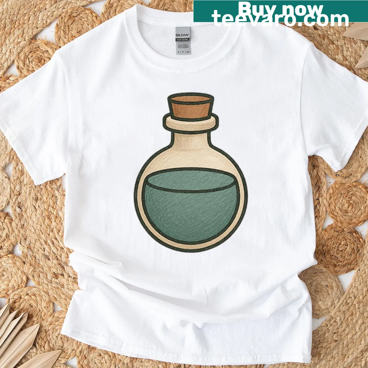 Whimsical potion bottle illustration on Halloween t-shirt — on a men's t-shirt
