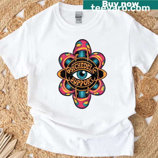 Cartoon design of a mushroom and eye with psychedelic elements