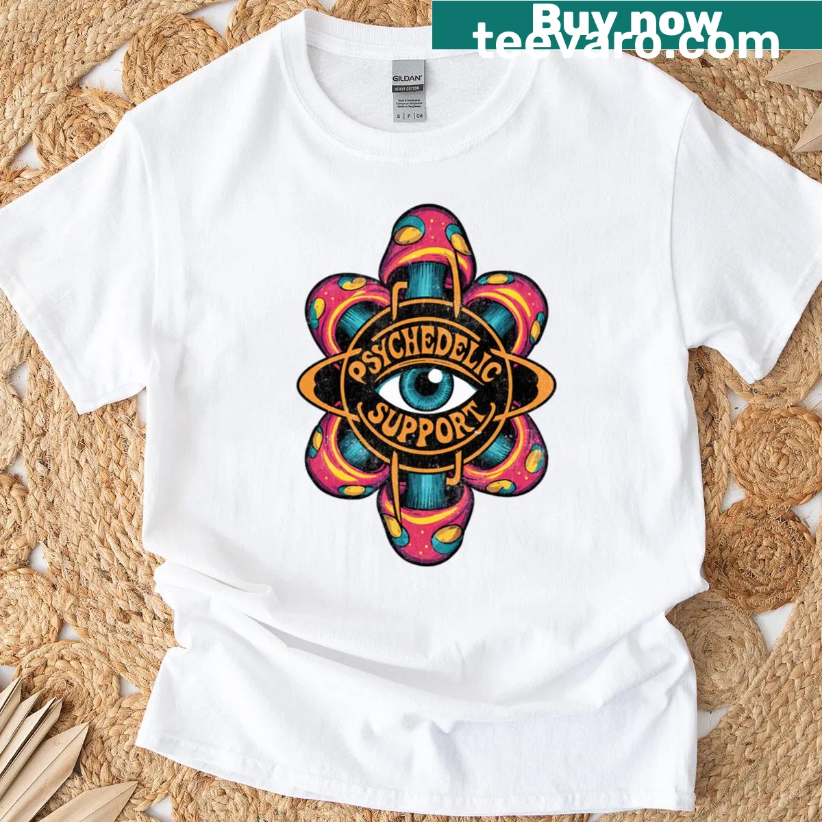 Cartoon design of a mushroom and eye with psychedelic elements — on a men's t-shirt