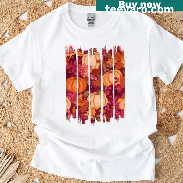 Autumn-themed T-shirt with pumpkin and floral brush pattern
