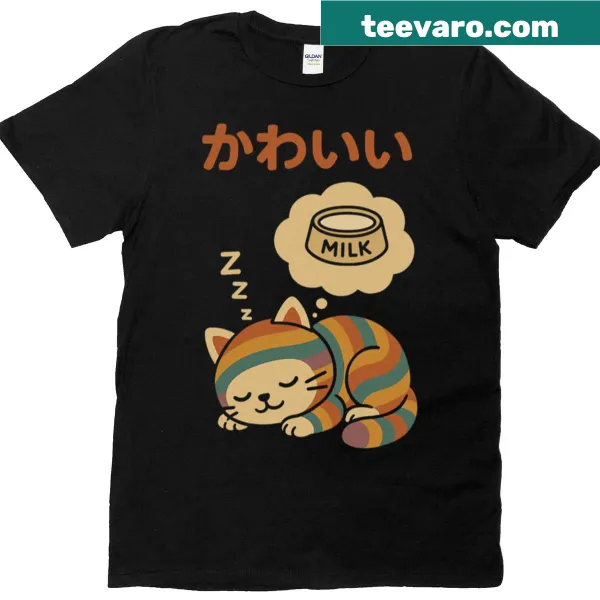 Cartoon t-shirt of a sleeping cat dreaming of milk