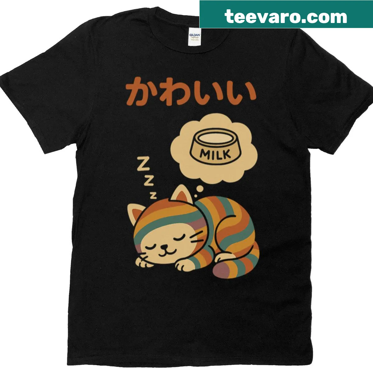Cartoon t-shirt of a sleeping cat dreaming of milk — on a men's t-shirt