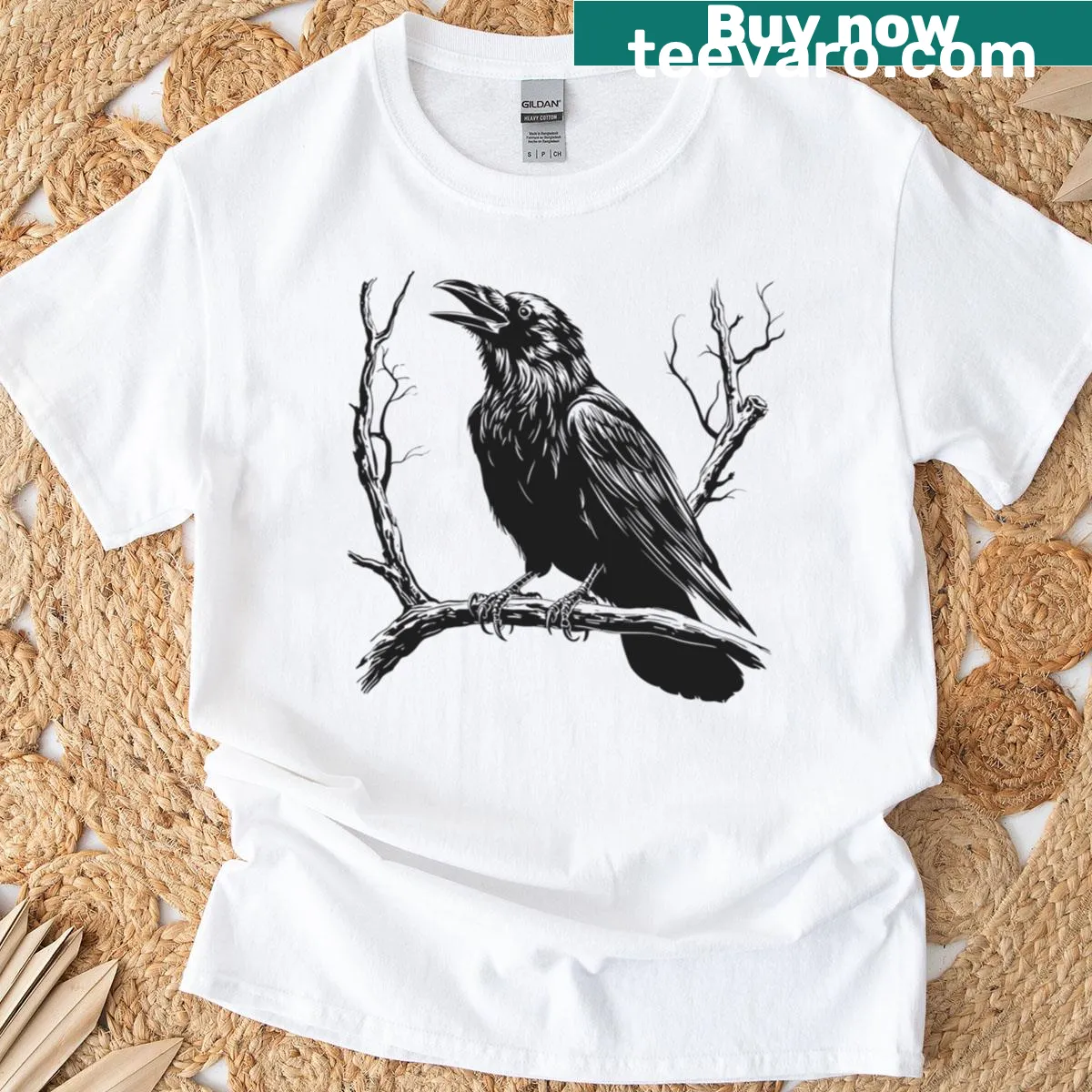 Linocut illustration of a raven crow, vintage style — on a men's t-shirt