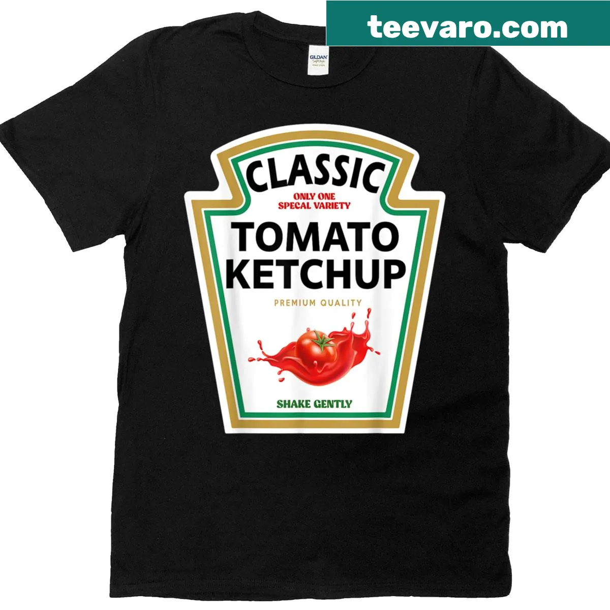 Humorous ketchup and mustard graphic for Halloween costume tee — on a men's t-shirt