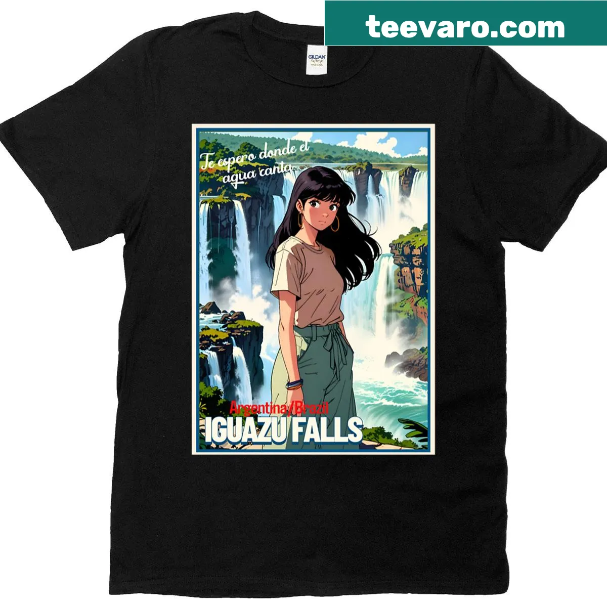 Anime girl from Iguazu Falls with a vintage travel quote design — on a men's t-shirt