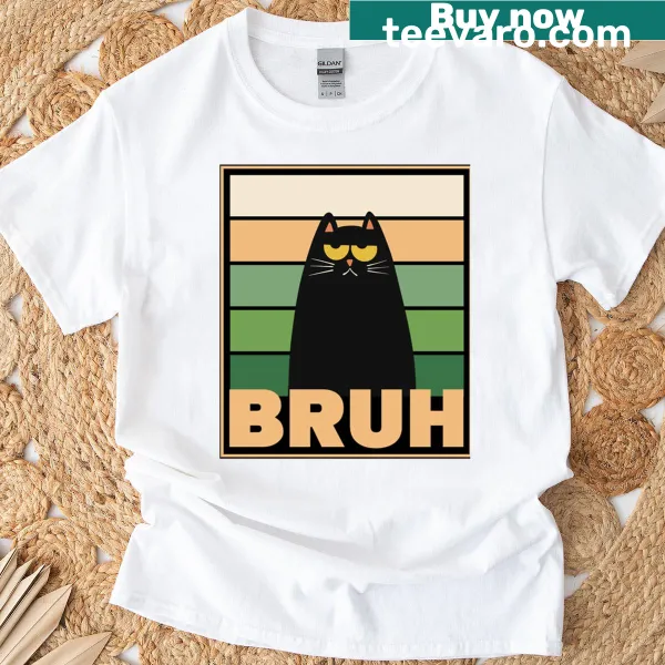 Minimalist black cat graphic with the word Bruh in a vintage style