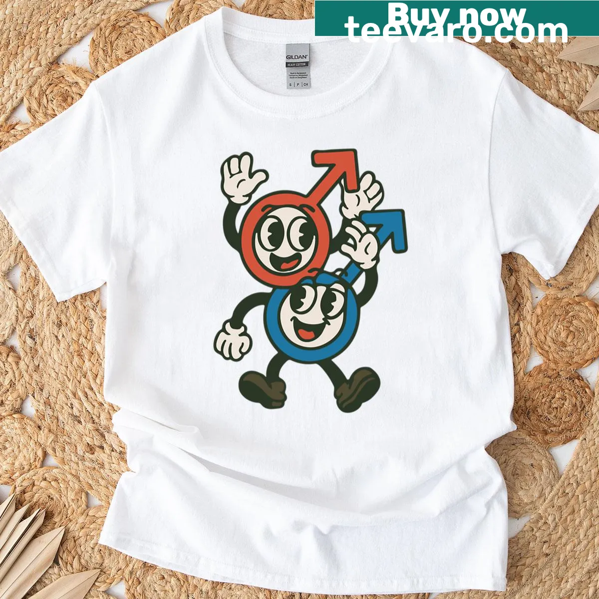 Cartoon design featuring gay pride symbols — on a men's t-shirt