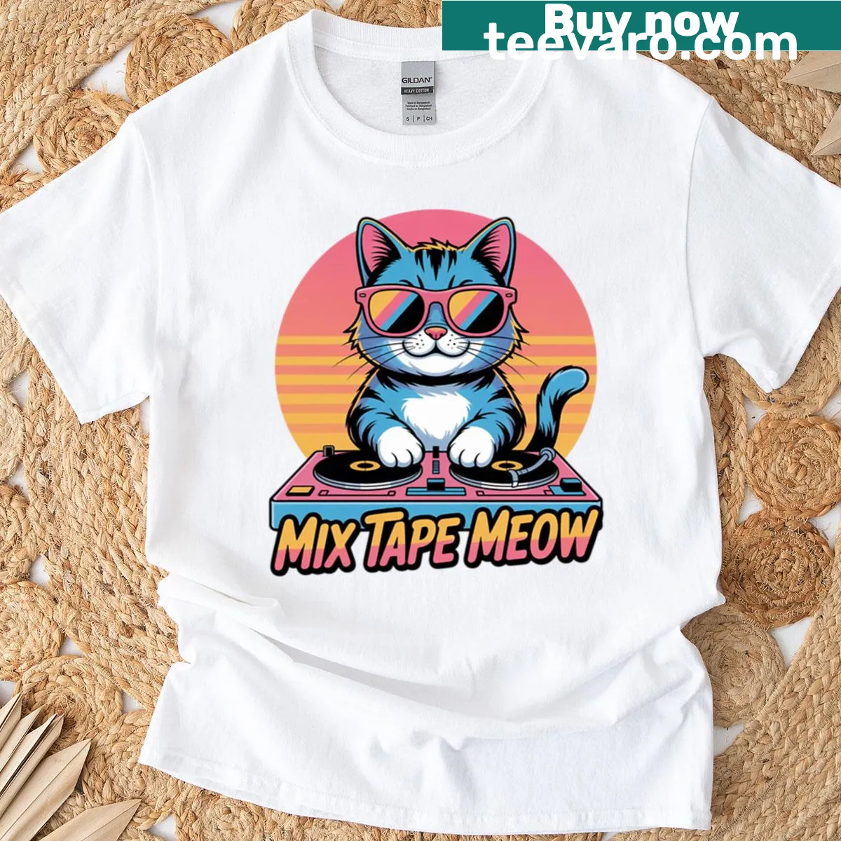 Retro cassette DJ cat graphic T-shirt with a vintage mixtape theme — on a men's t-shirt