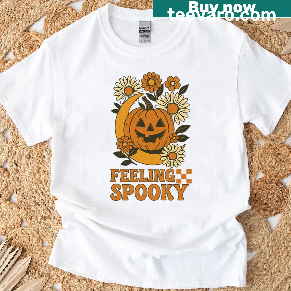 Vintage Halloween graphic with pumpkins, moon, and flowers — on a men's t-shirt
