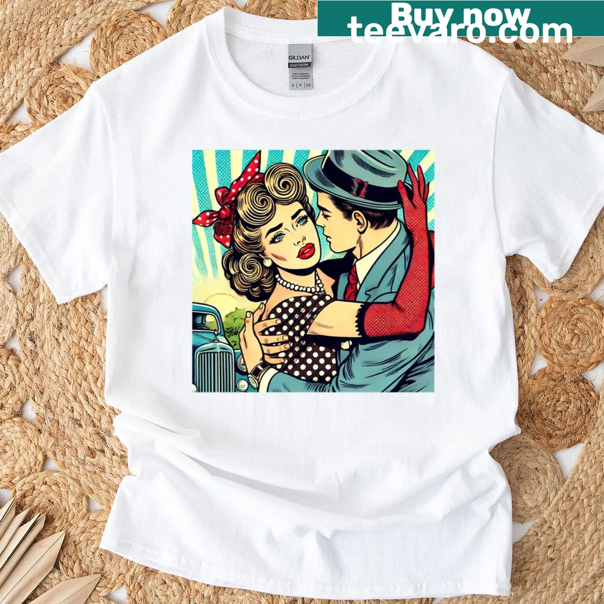 Oversized T-shirt featuring pop art pin-up couple design — on a men's t-shirt