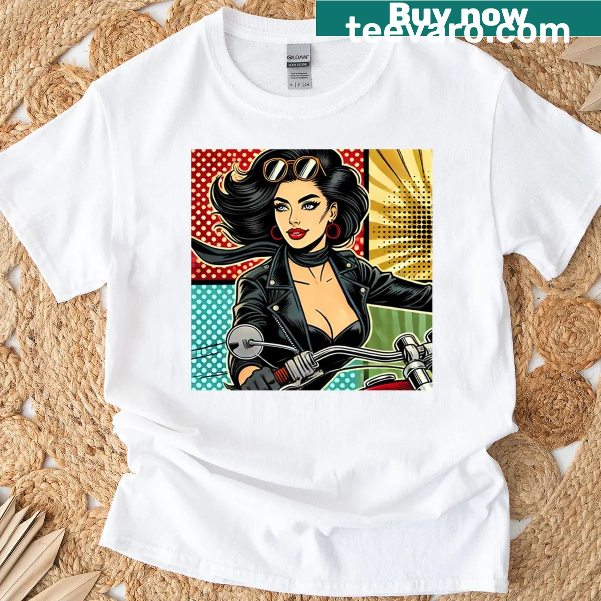 Pin-up motorcycle design on oversized T-shirt — on a men's t-shirt