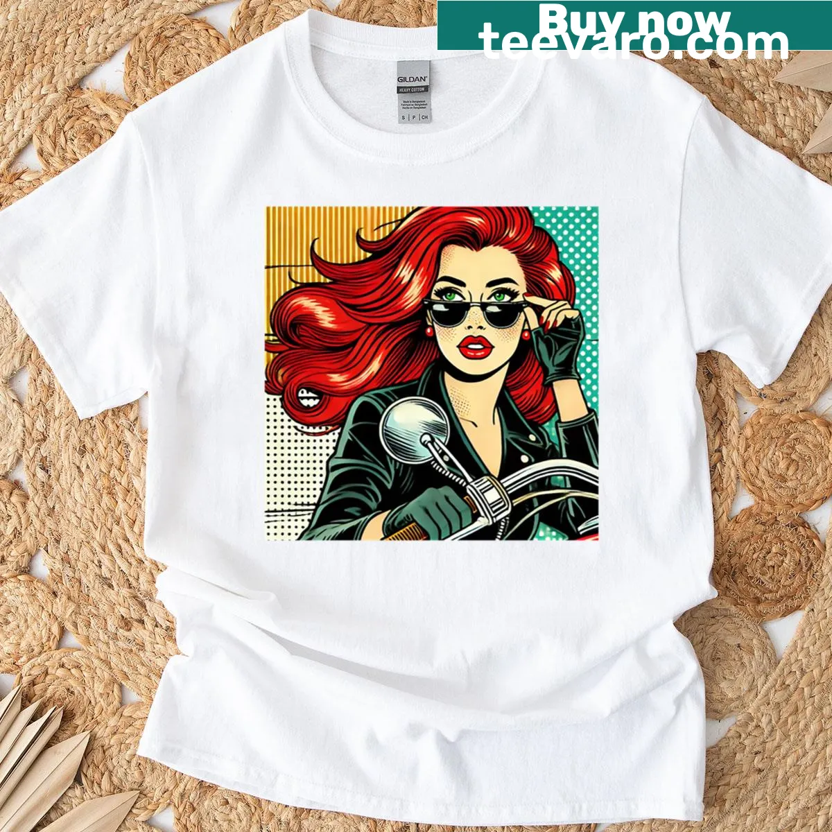 Pop art pin-up riding a motorcycle in retro style — on a men's t-shirt