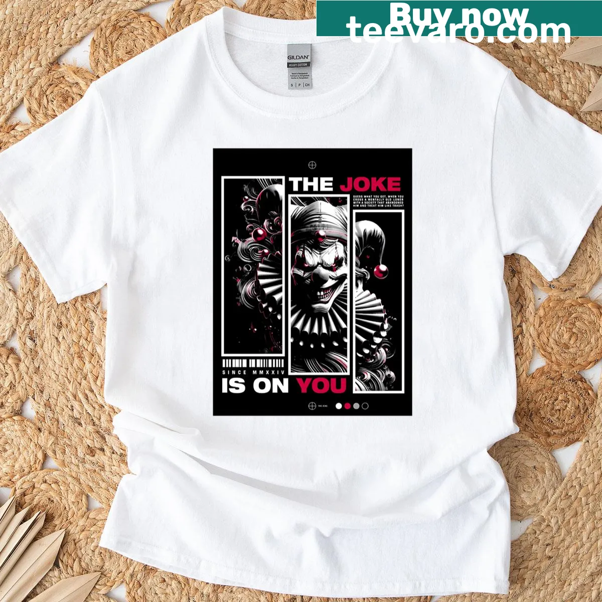 Cartoon horror clown design with parody text — on a men's t-shirt