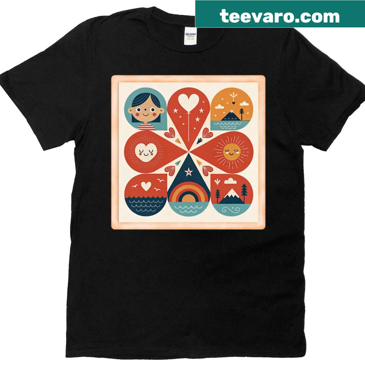 T-shirt featuring a geometric illustration of love and nature — on a men's t-shirt