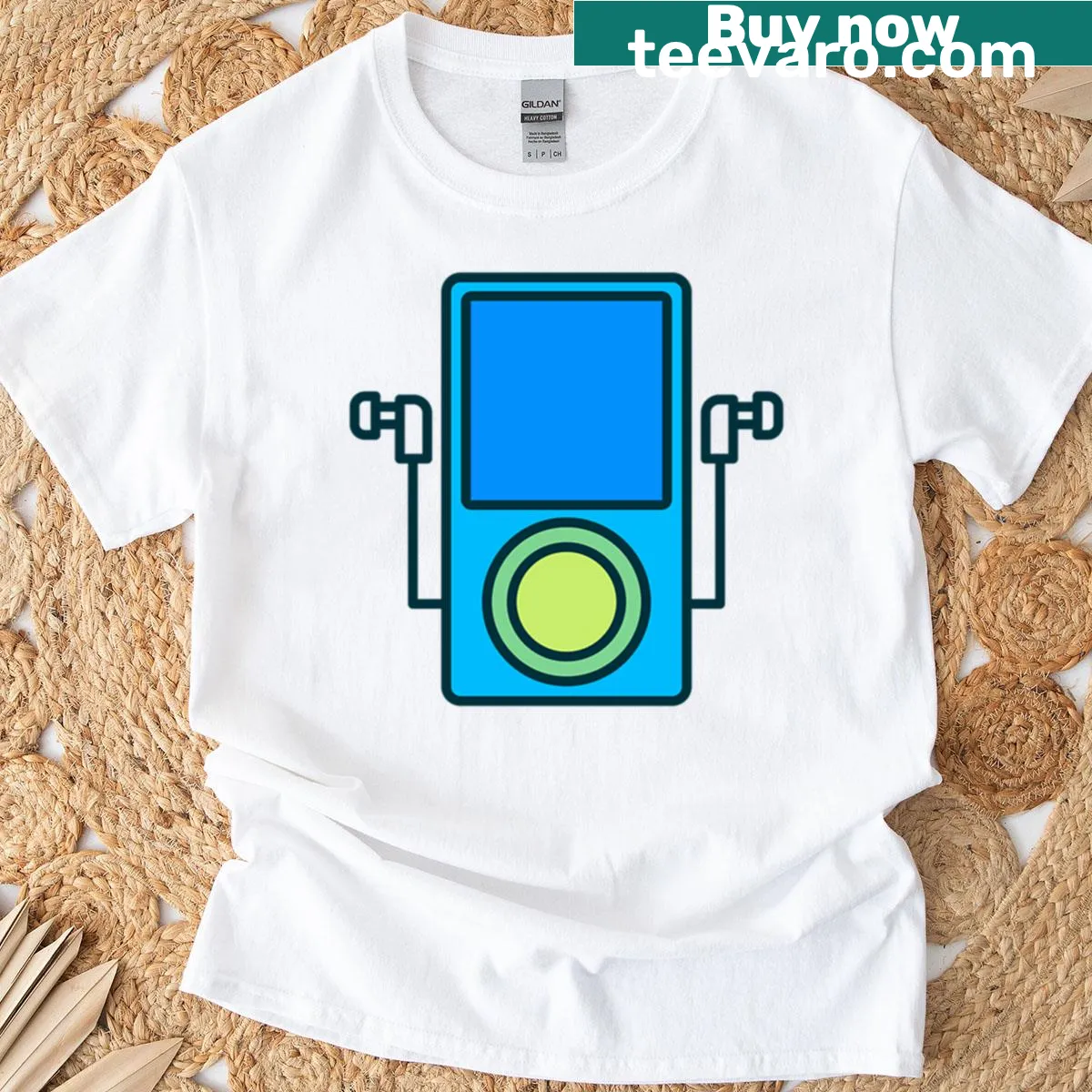 Illustration of a retro MP3 player with earbuds on oversized T-shirt — on a men's t-shirt