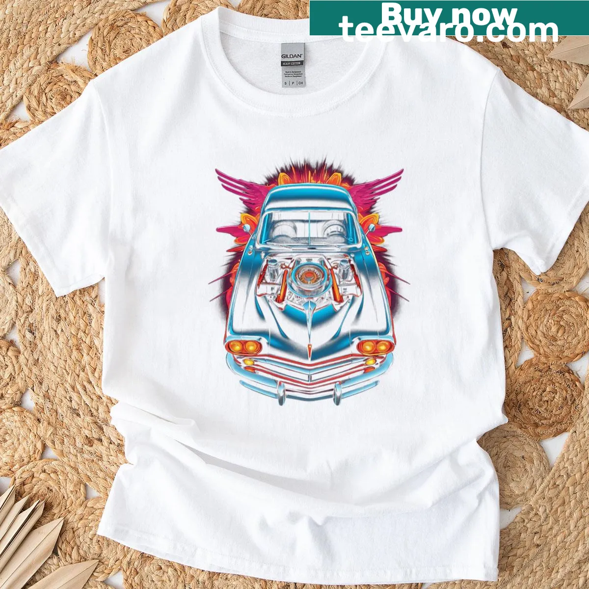 Illustration of a retro muscle car with wings on a t-shirt — on a men's t-shirt