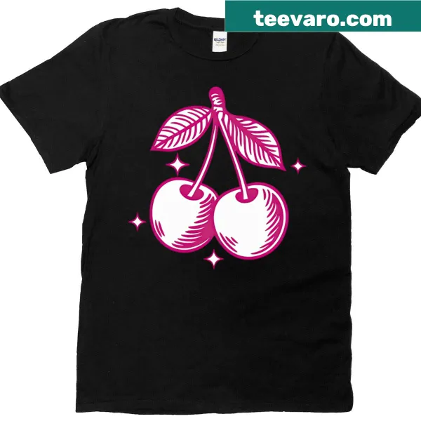 Playful illustration of pink cherries with sparkles on a t-shirt