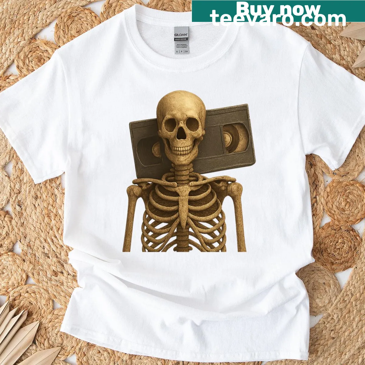 Retro skeleton graphic T-shirt with VHS horror design — on a men's t-shirt