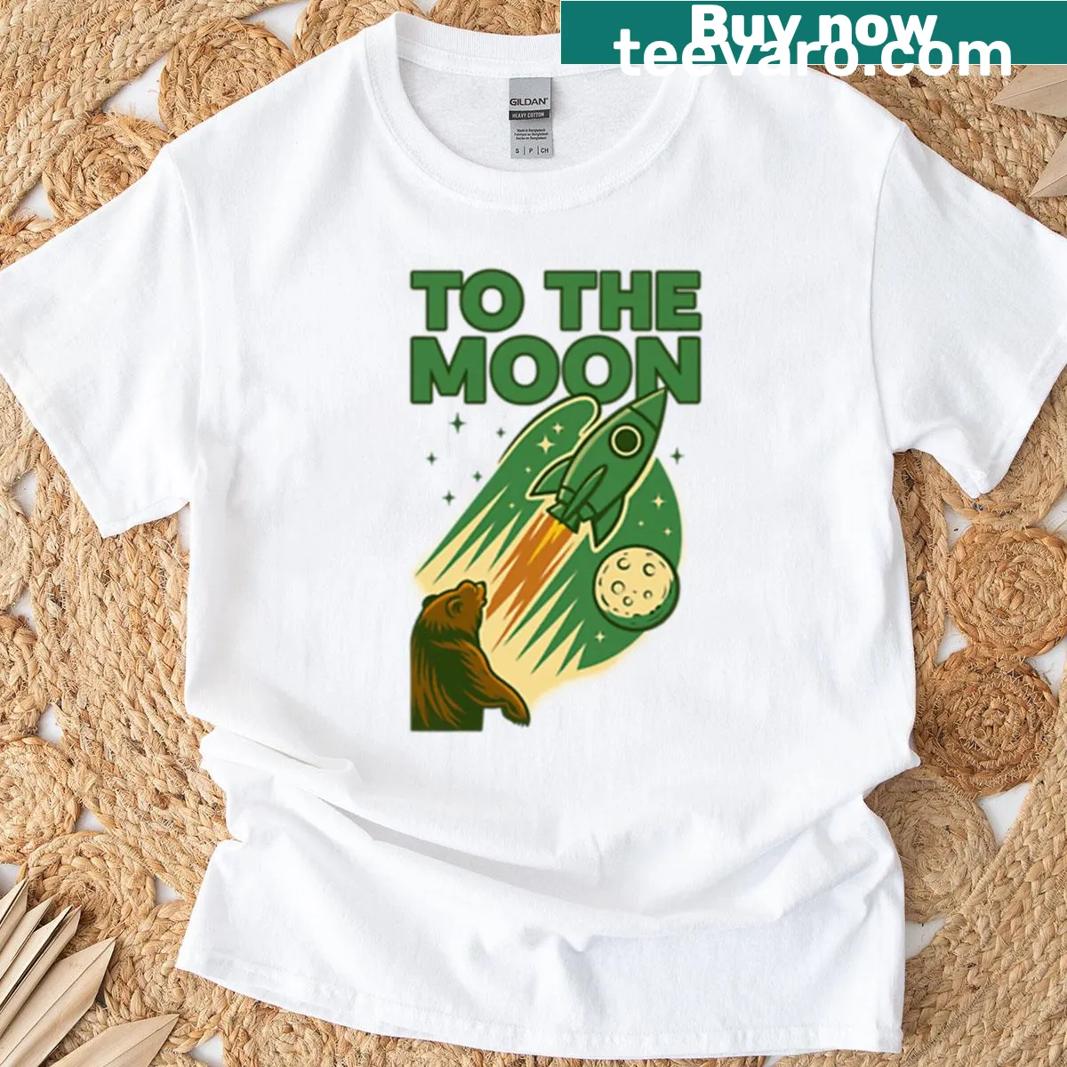 Vintage rocketship illustration heading to the moon with stock market elements — on a men's t-shirt