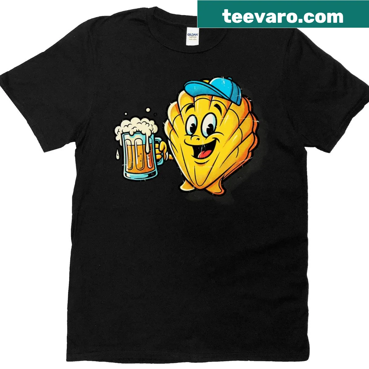 Vintage scallop mascot t-shirt featuring a cheerful beer theme — on a men's t-shirt