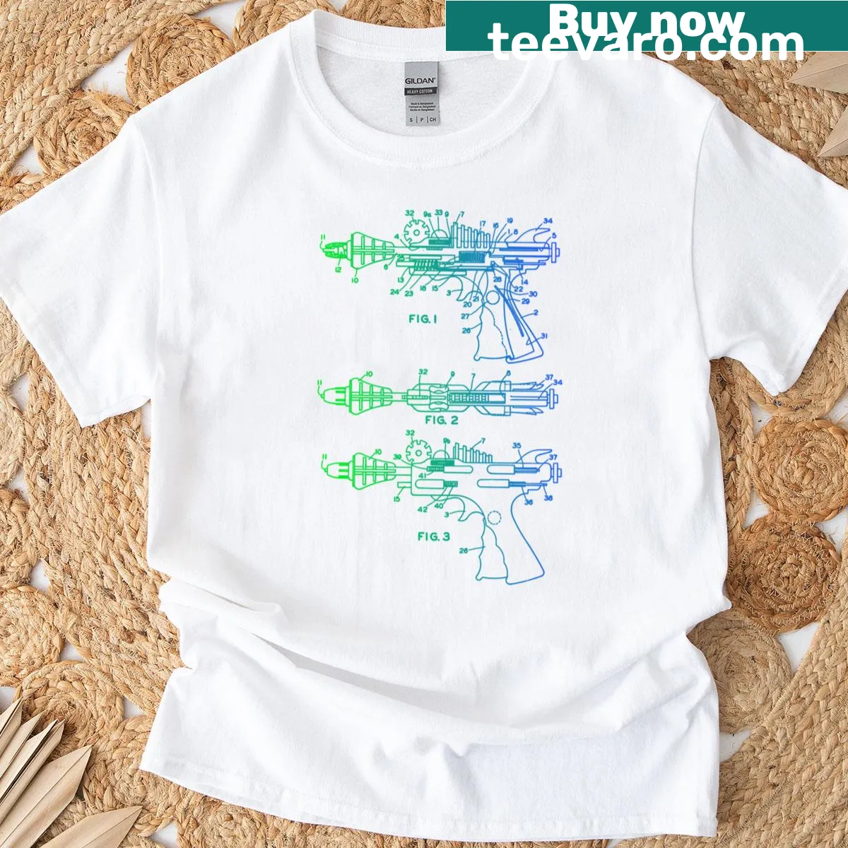 Blueprint design of a sci-fi ray gun on a vintage T-shirt — on a men's t-shirt
